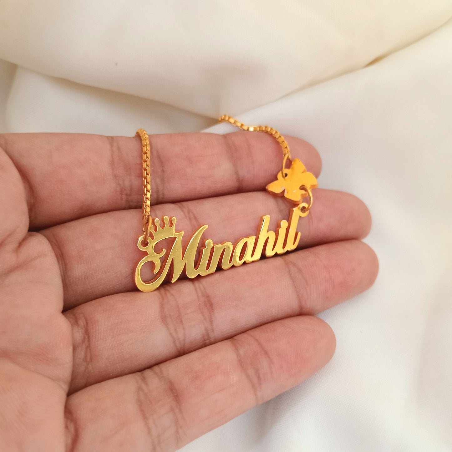 Crown Butterfly Charm Script Personalized Name Necklace