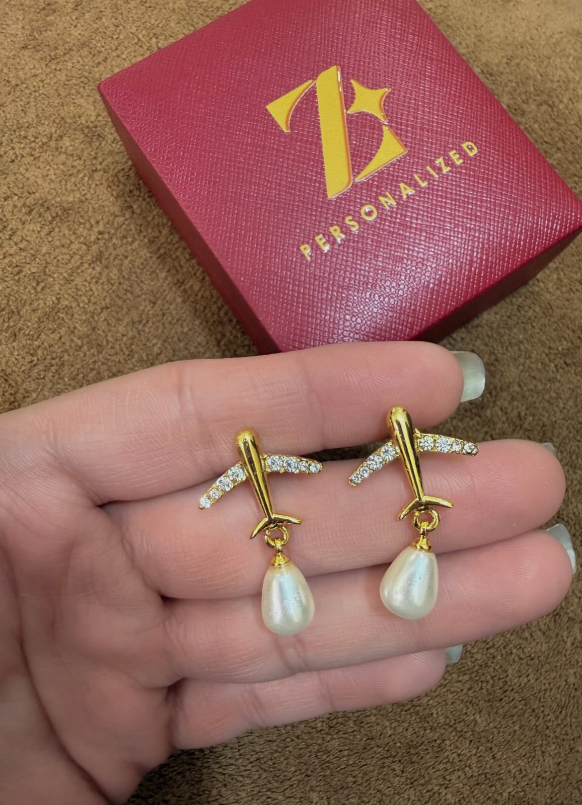 18K Gold Plated Airplane CZ Pearl Earrings For Women