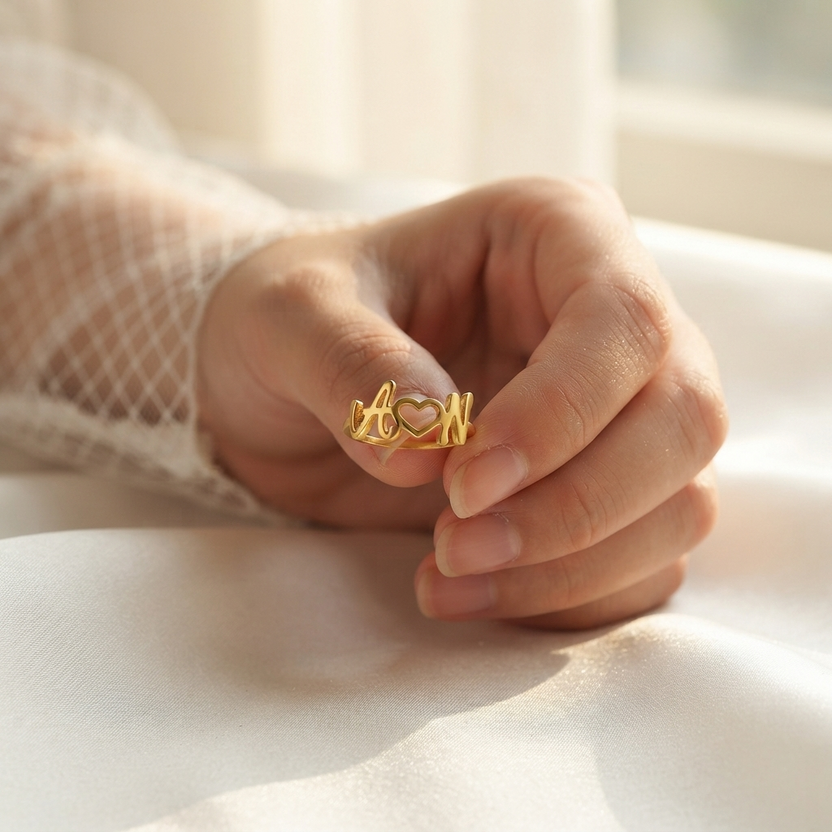 Couple Initial Heart Personalized Name Ring