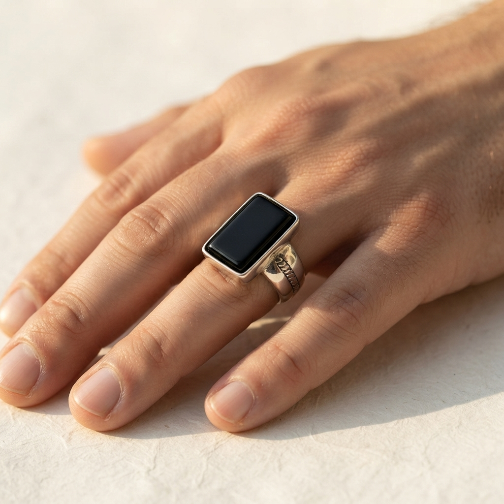 Men's Twist Inlay Black Stone Signet Ring