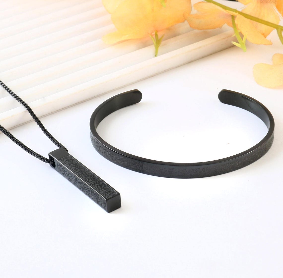 Pack of 2 Ayat-Ul-Kursi Cuff Bracelet and Bar Necklace For Men & Women (Gold Plated)