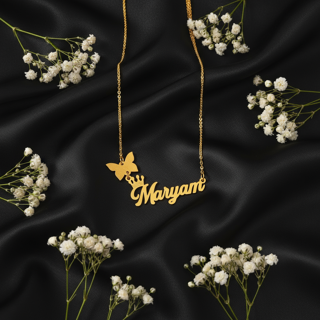 Crown Butterfly Charm Script Personalized Name Necklace