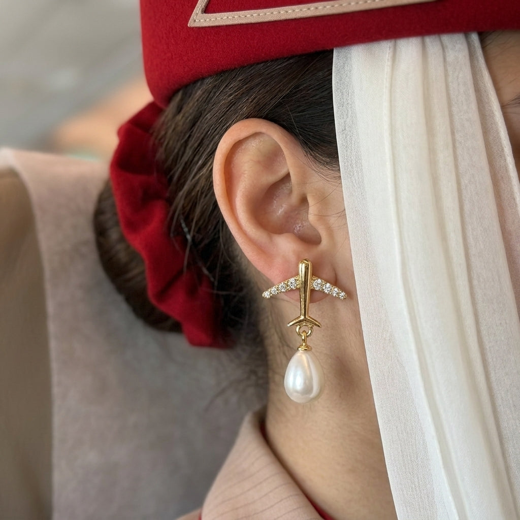 18K Gold Plated Airplane CZ Pearl Earrings For Women
