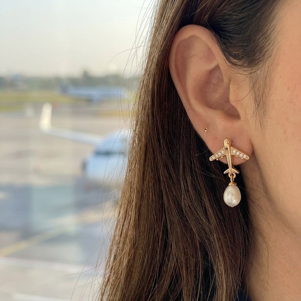 18K Gold Plated Airplane CZ Pearl Earrings For Women