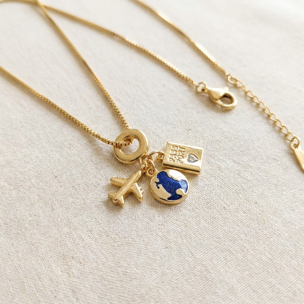 18K Gold Plated Travel Charm Necklace - 316L Stainless Steel
