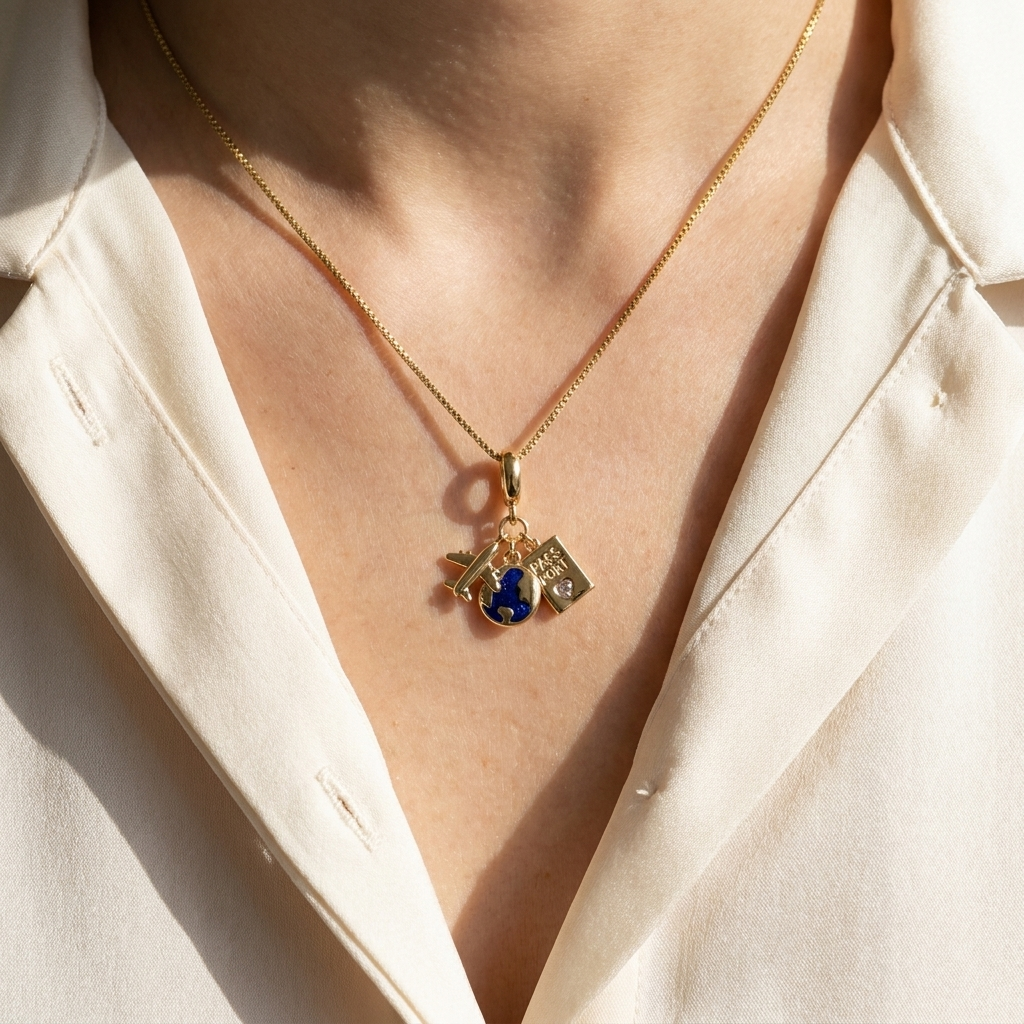 18K Gold Plated Travel Charm Necklace - 316L Stainless Steel
