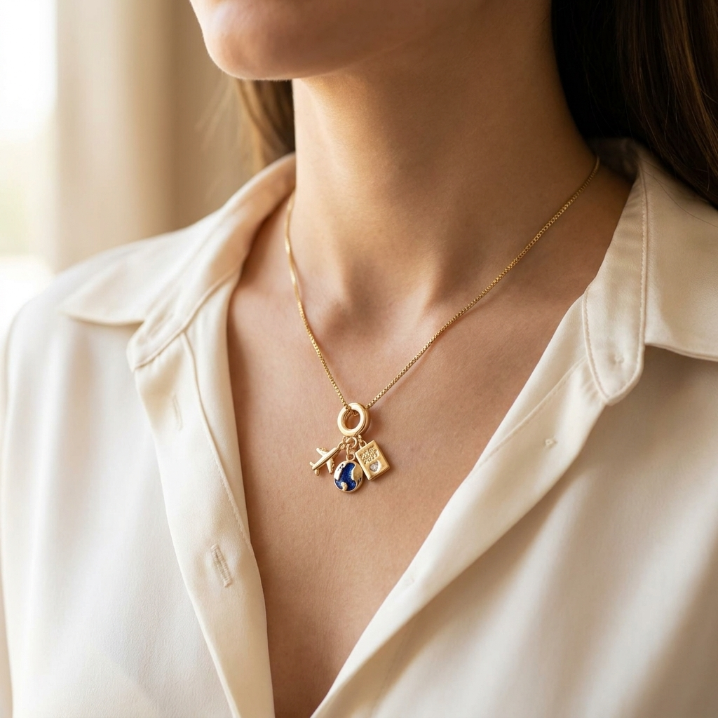 18K Gold Plated Travel Charm Necklace - 316L Stainless Steel