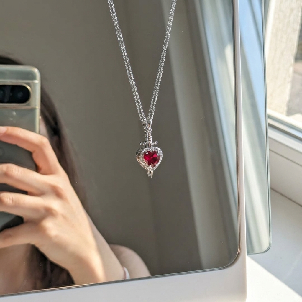 Ruby Heart Dagger Necklace – Stainless Steel & Tarnish Proof