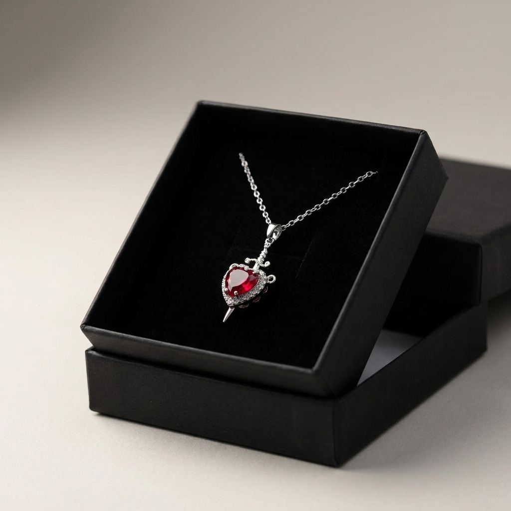 Ruby Heart Dagger Necklace – Stainless Steel & Tarnish Proof