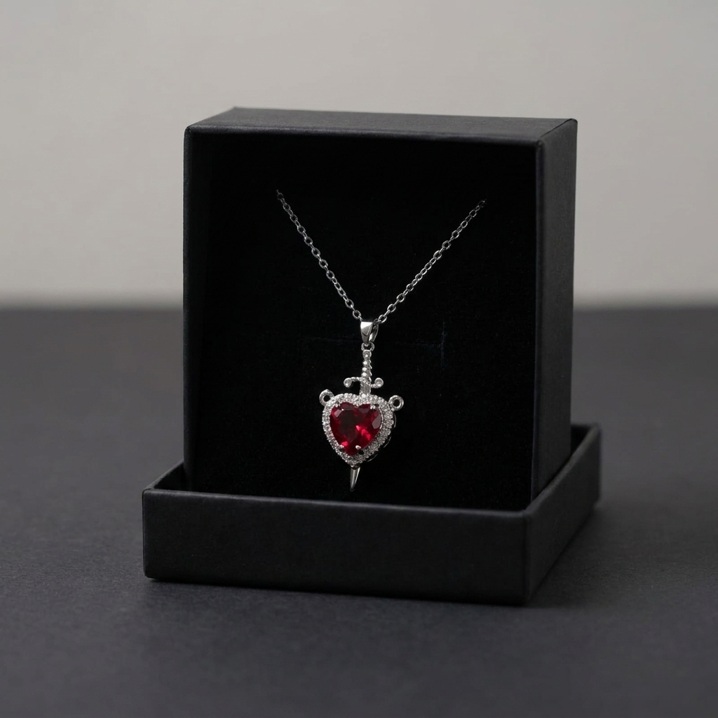 Ruby Heart Dagger Necklace – Stainless Steel & Tarnish Proof