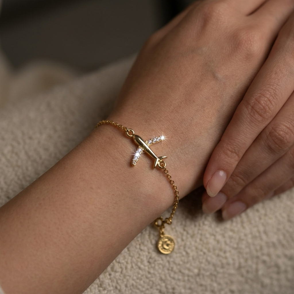 18K Gold Plated CZ Airplane Bracelet For Women (6 Inches + 2" ext)