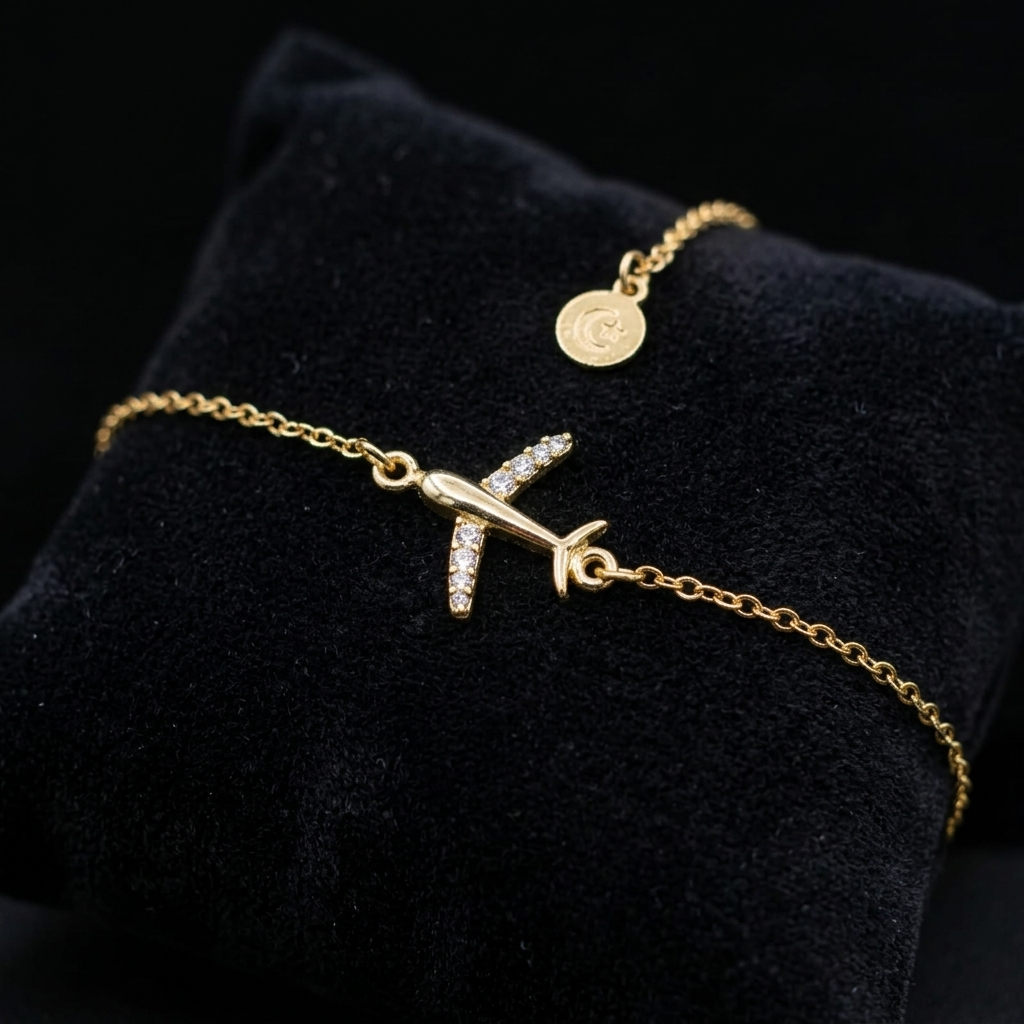 18K Gold Plated CZ Airplane Bracelet For Women (6 Inches + 2" ext)