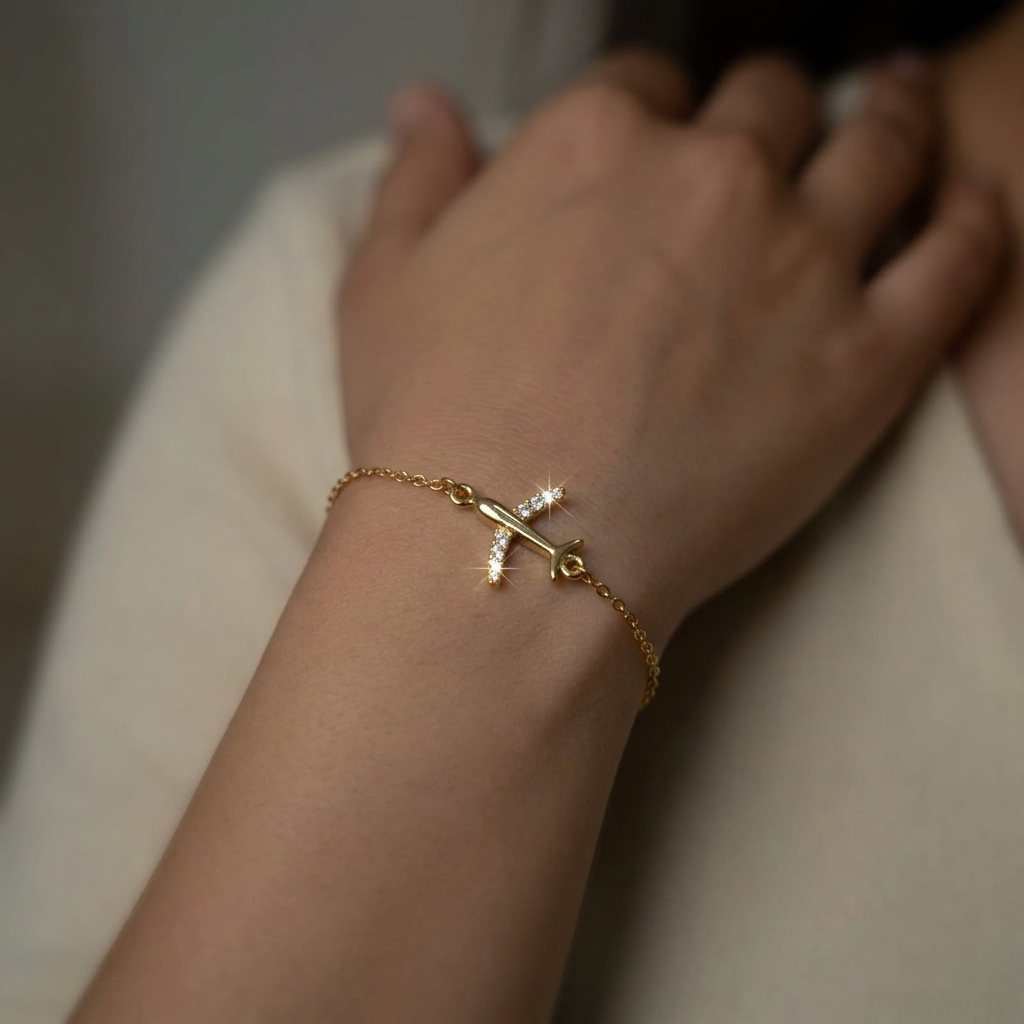 18K Gold Plated CZ Airplane Bracelet For Women (6 Inches + 2" ext)