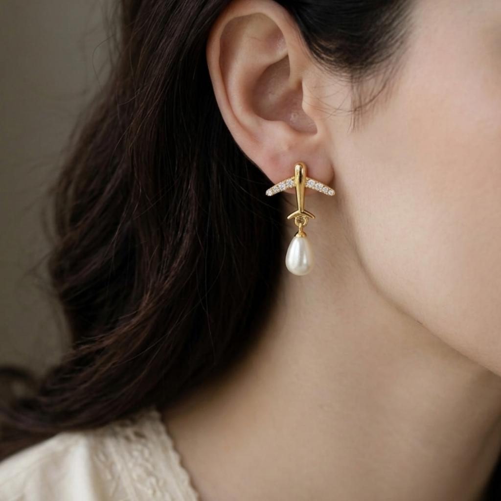 18K Gold Plated Airplane CZ Pearl Earrings For Women