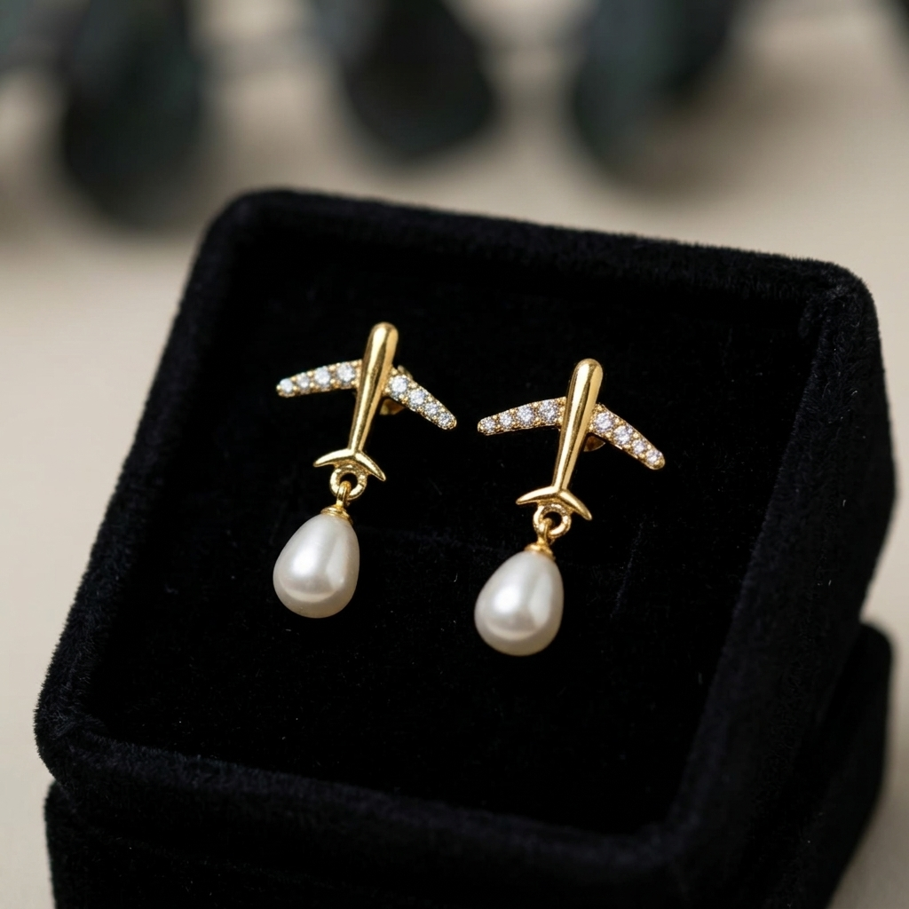 18K Gold Plated Airplane CZ Pearl Earrings For Women
