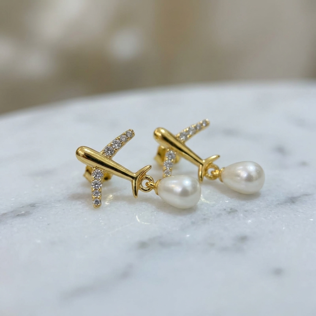 18K Gold Plated Airplane CZ Pearl Earrings For Women
