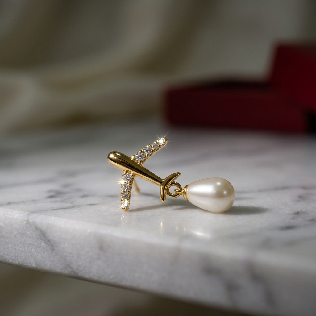 18K Gold Plated Airplane CZ Pearl Earrings For Women
