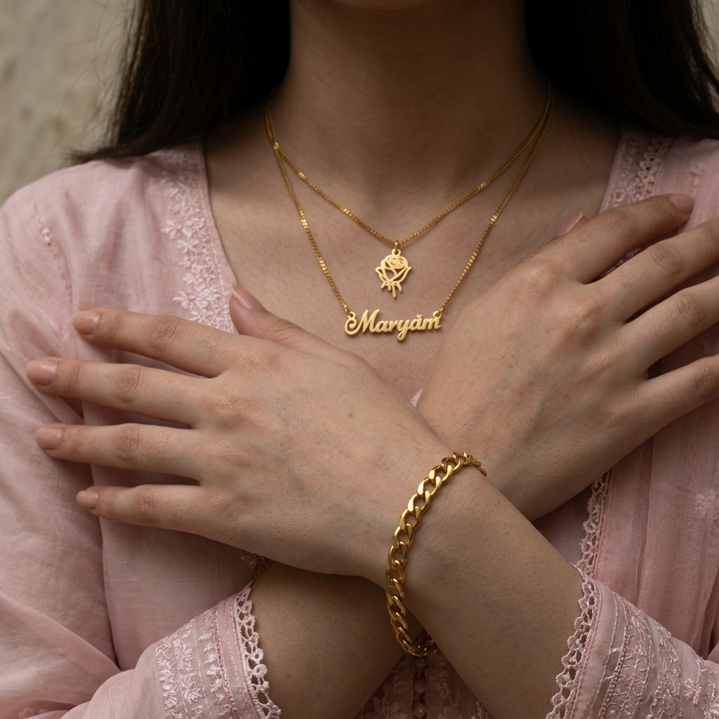 Double Chain Rose Name Necklace