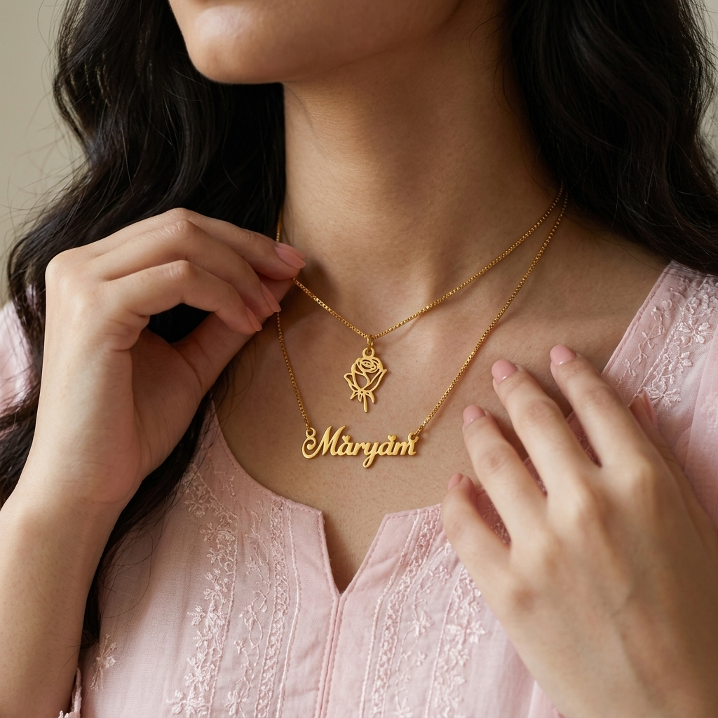 Double Chain Rose Name Necklace
