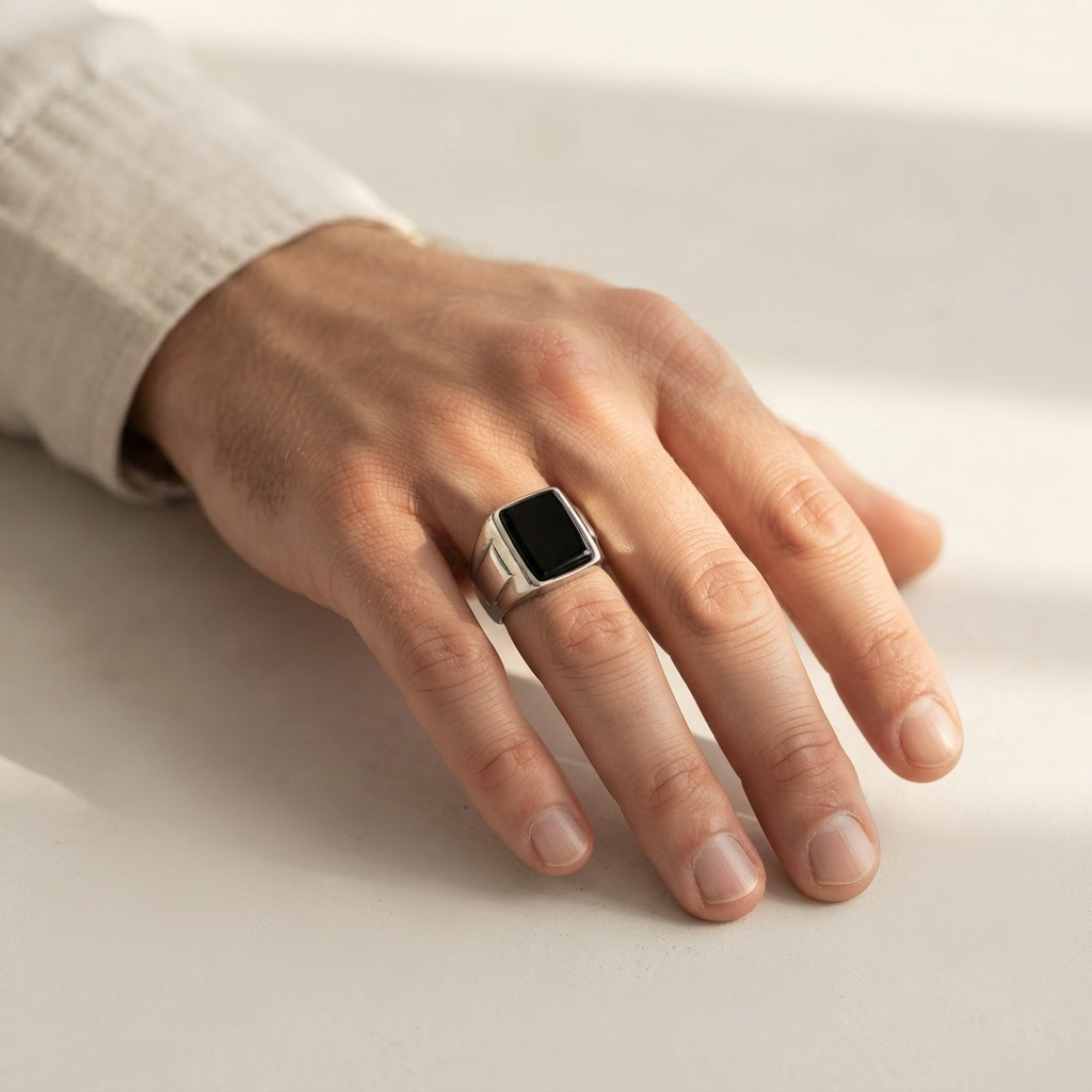 Men's Flat Black Stone Chunky Ring