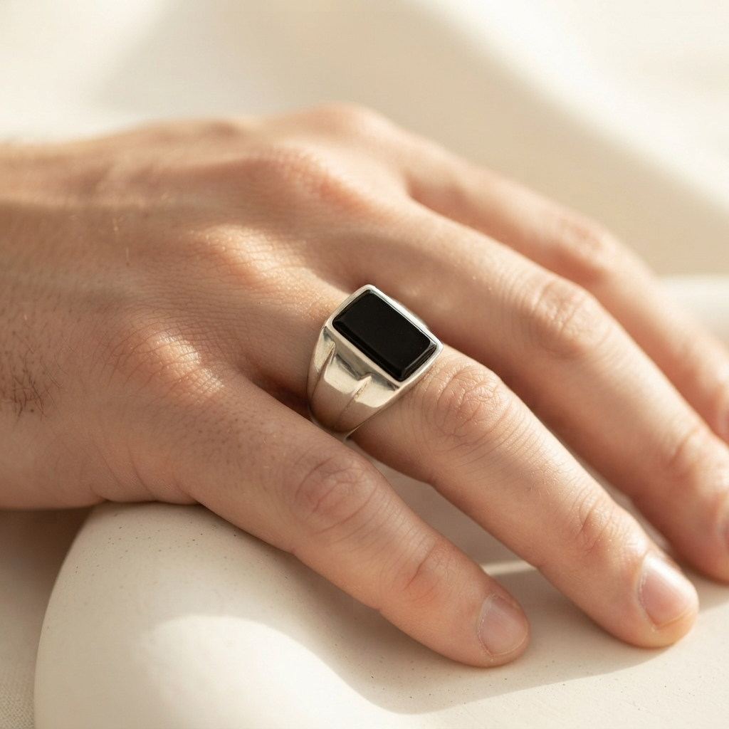 Men's Flat Black Stone Chunky Ring