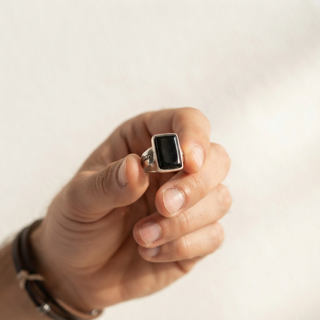 Men's Twist Inlay Black Stone Signet Ring