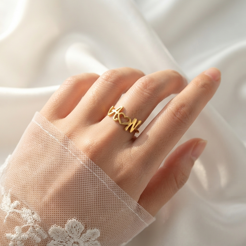Couple Initial Heart Personalized Name Ring