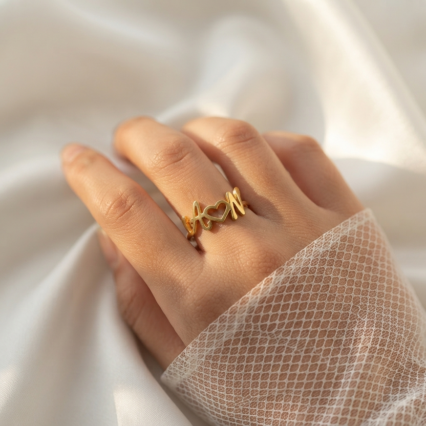 Couple Initial Heart Personalized Name Ring
