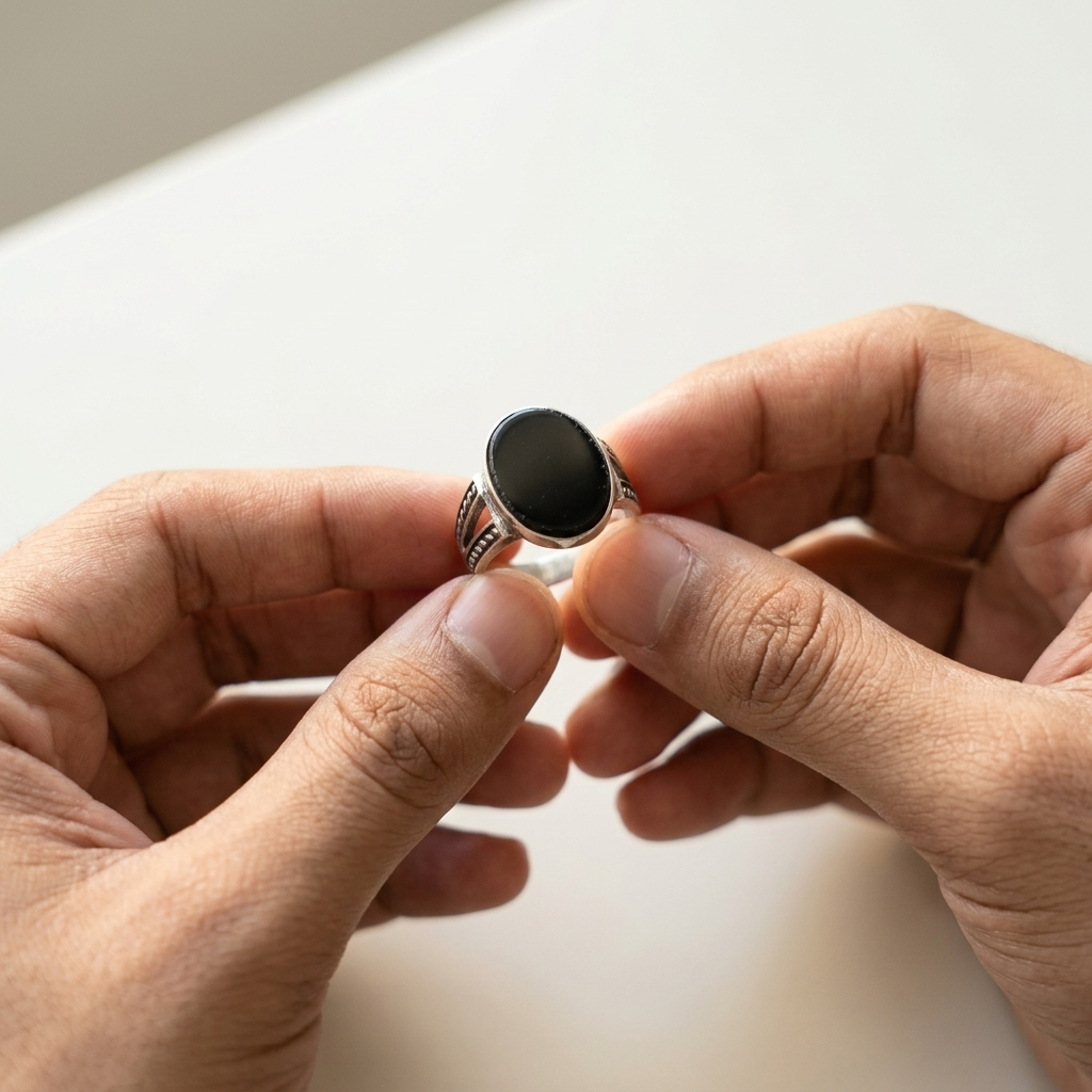 Men's Wire Inlay Oval Black Stone Signet Ring