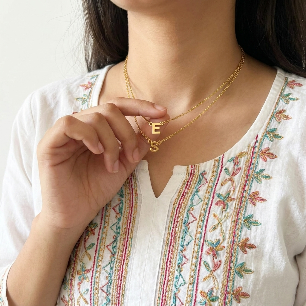 Double Layer Chain Initial Tiny Alphabet Necklace For Women, Chain Size: 16 & 18 Inches