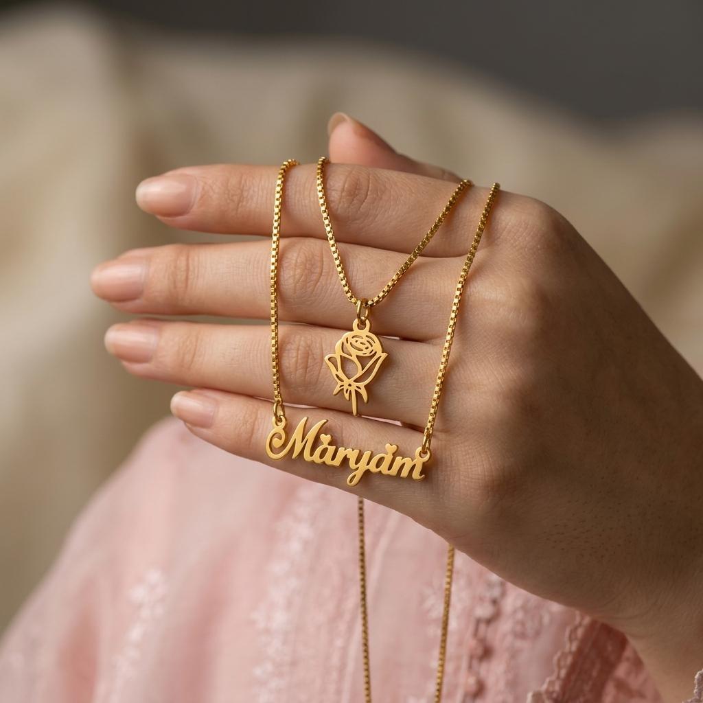 Double Chain Rose Name Necklace
