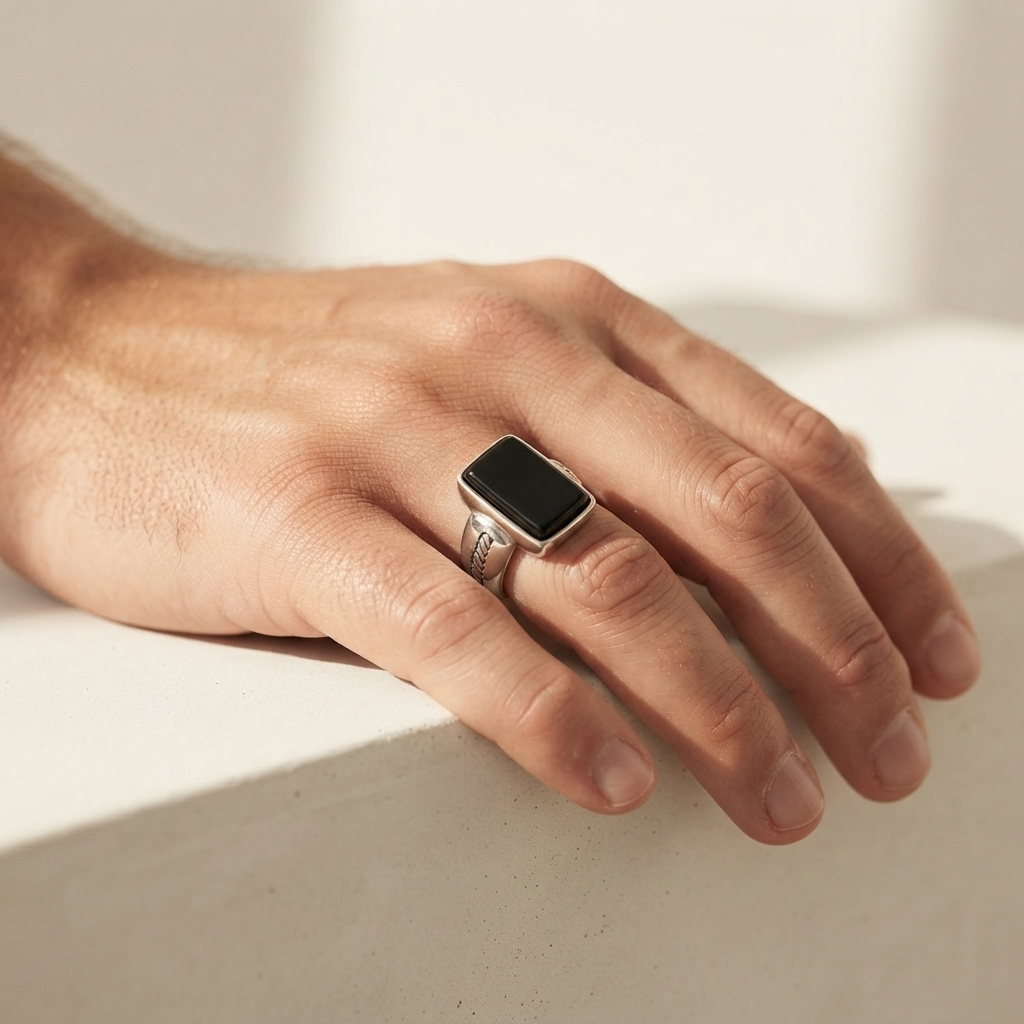 Men's Twist Inlay Black Stone Signet Ring