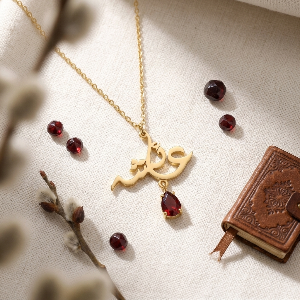 Arabic Calligraphy Birth Stone Name Necklace (Chain 18 inches)