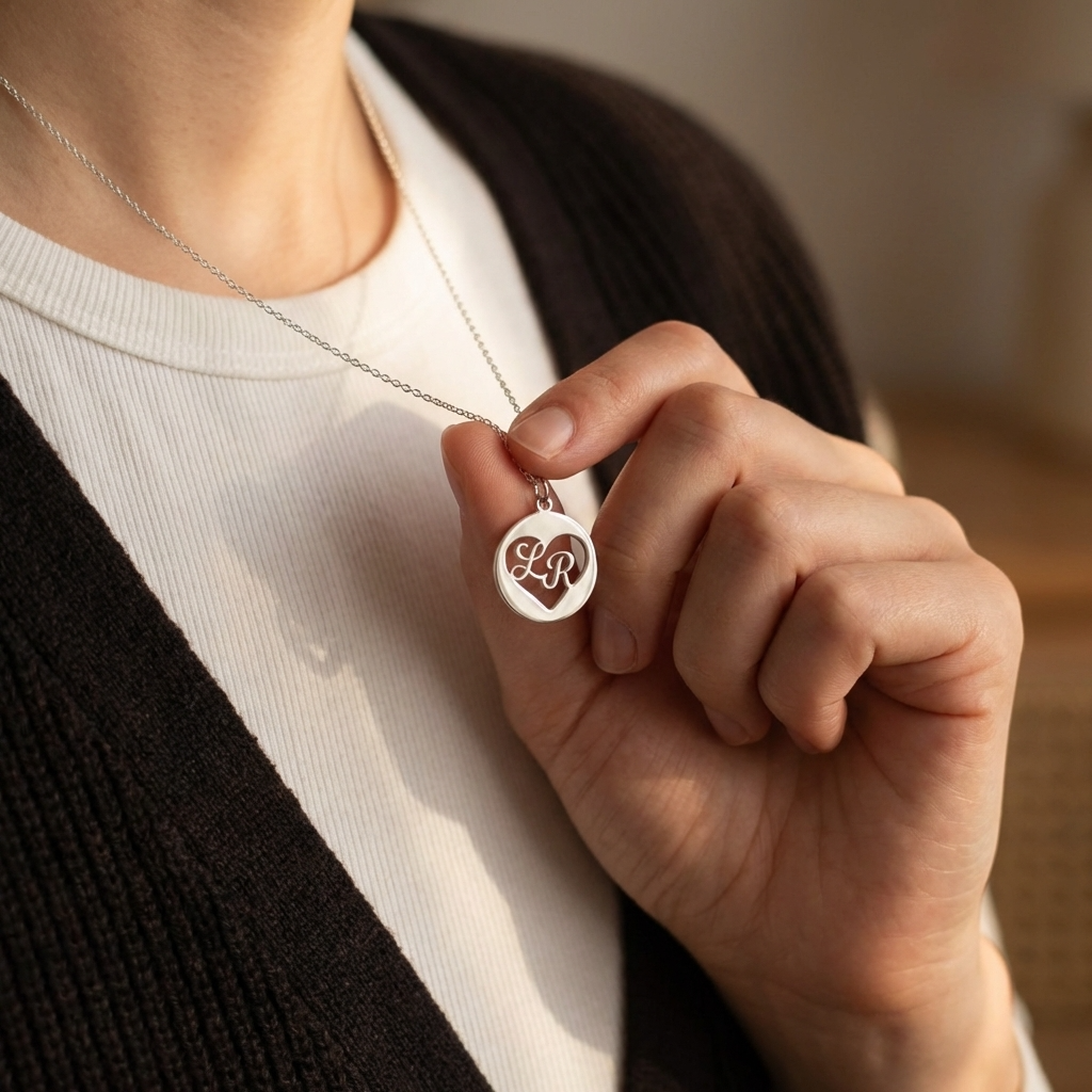 Round Charm Heart Initial Pendant Couple Necklace For Women - Chain Size 18 Inches