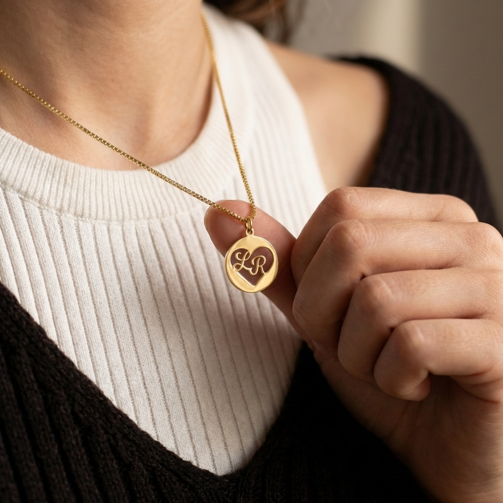 Round Charm Heart Initial Pendant Couple Necklace For Women - Chain Size 18 Inches