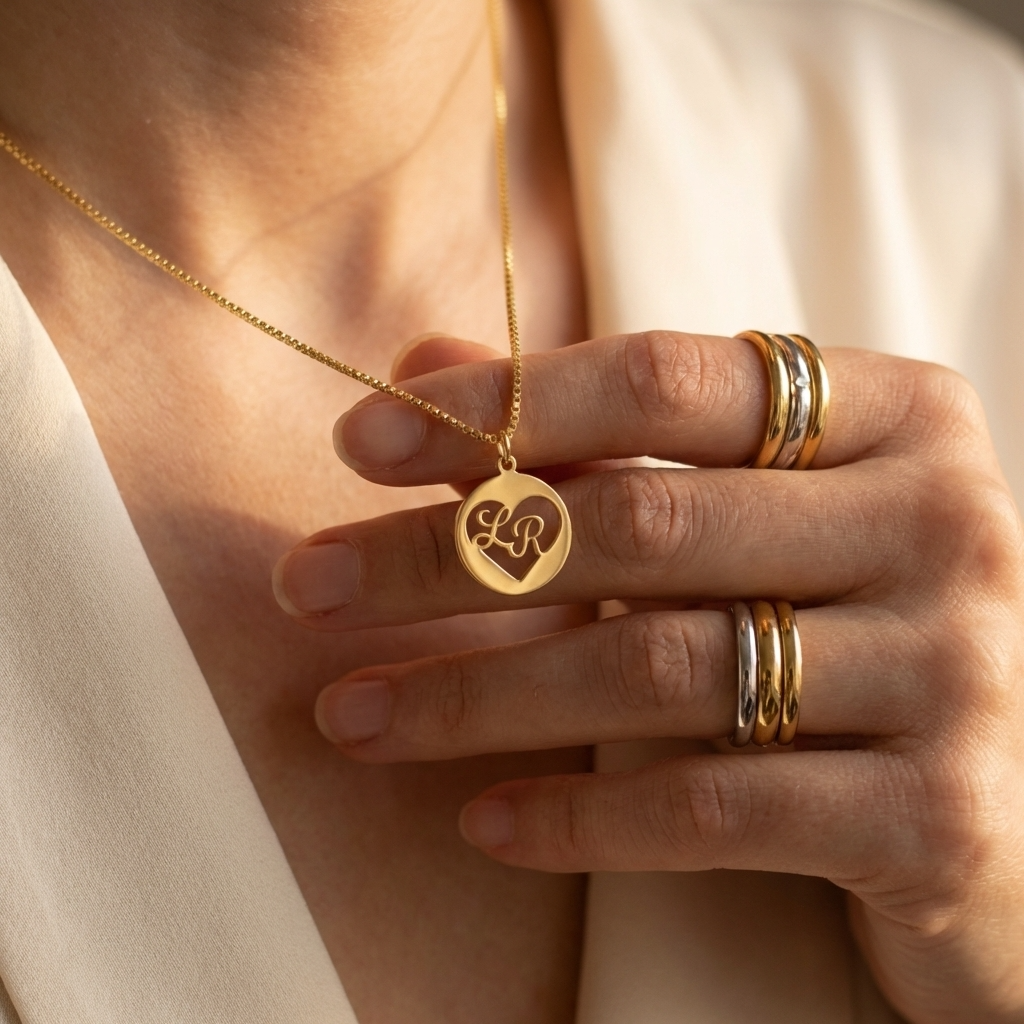 Round Charm Heart Initial Pendant Couple Necklace For Women - Chain Size 18 Inches