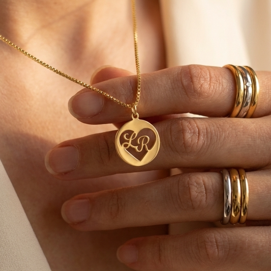 Round Charm Heart Initial Pendant Couple Necklace For Women - Chain Size 18 Inches