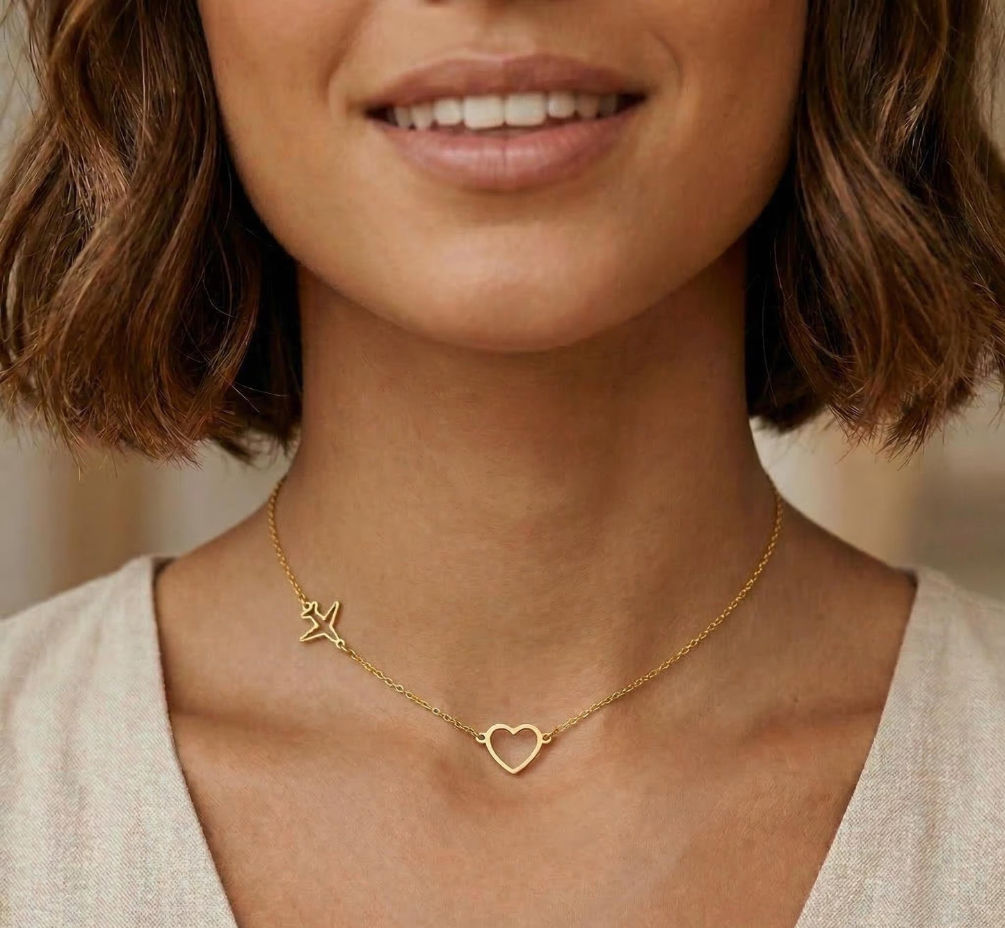 18K Goldplated Boho Airplane & Heart Necklace For Women