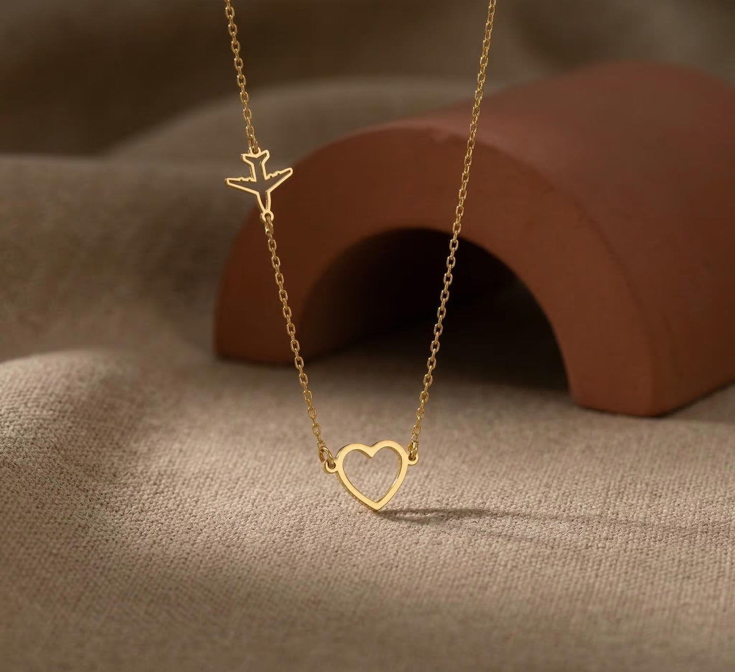 18K Goldplated Boho Airplane & Heart Necklace For Women